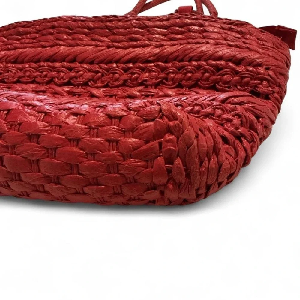 Chico's Straw Tote Bag Womens Red Woven Beaded Handle Zip Closure